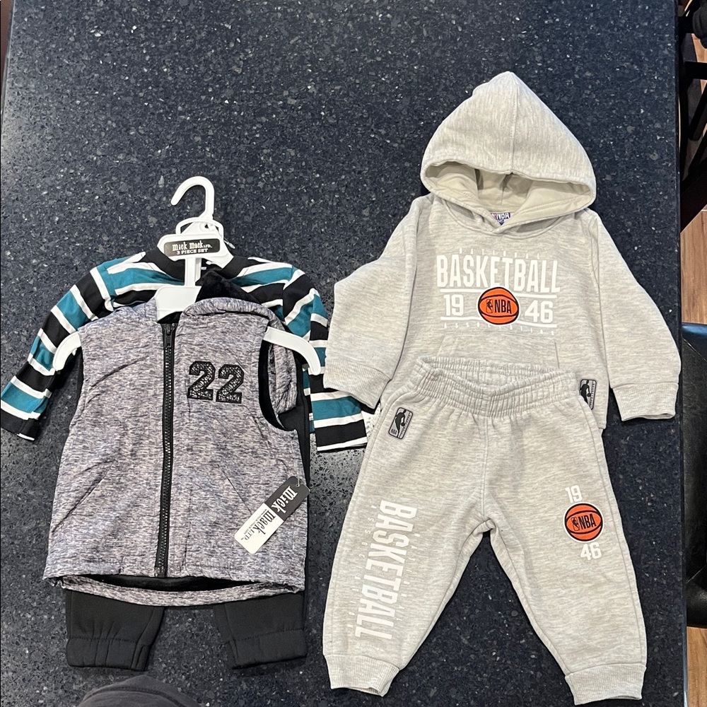 NBA Kids Grey Hoodie & Jogger Basketball Set with Teal Striped Vest